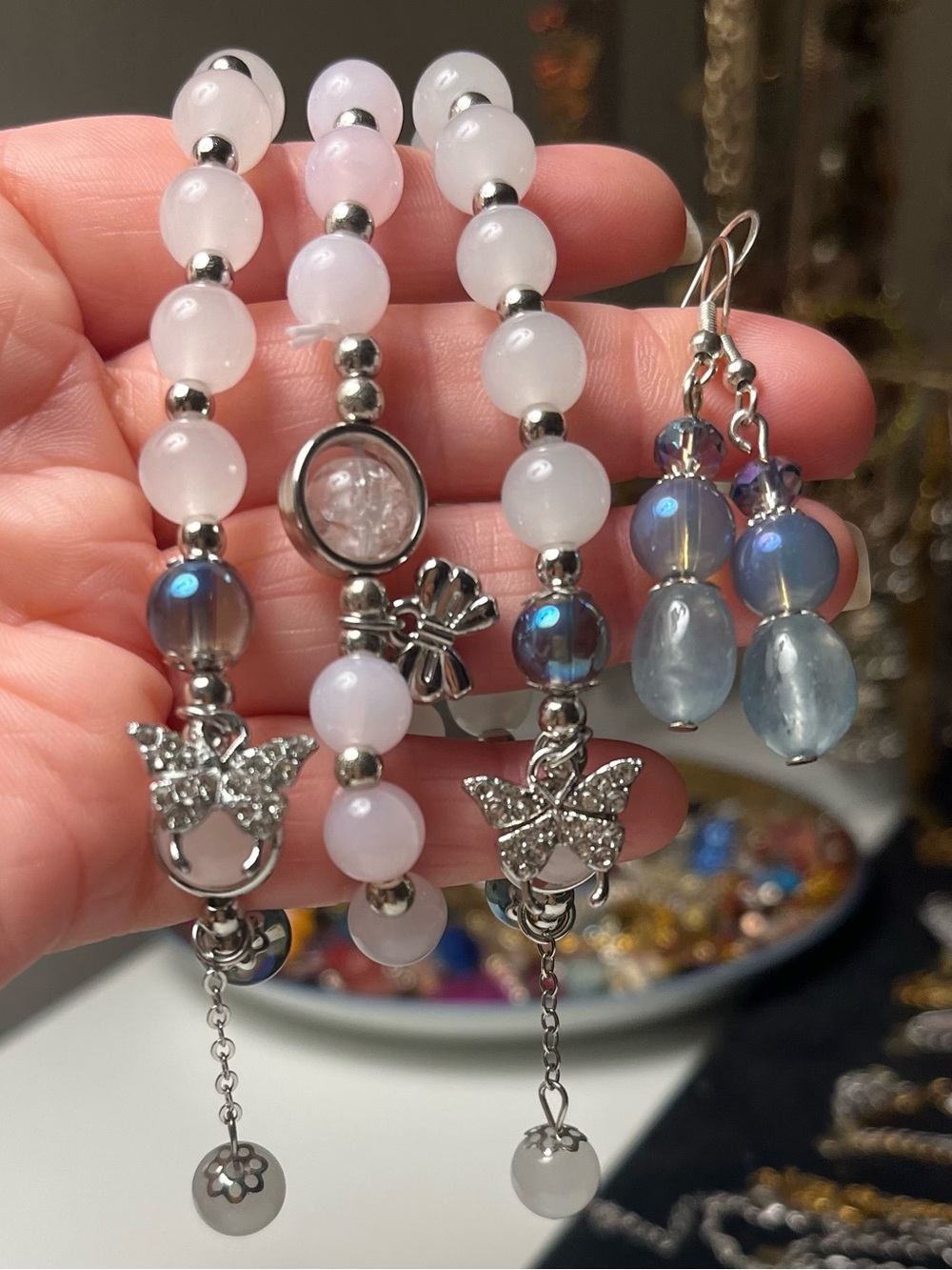 Beaded Stretch Charm Bracelet & Handmade Earring Set